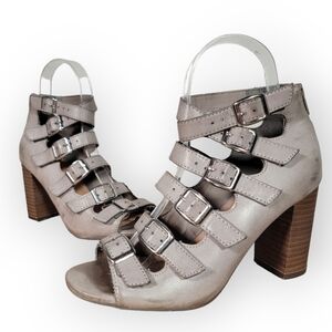 Restricted Gray distressed Vegan Leather boots straps and buckles block Size 6.5